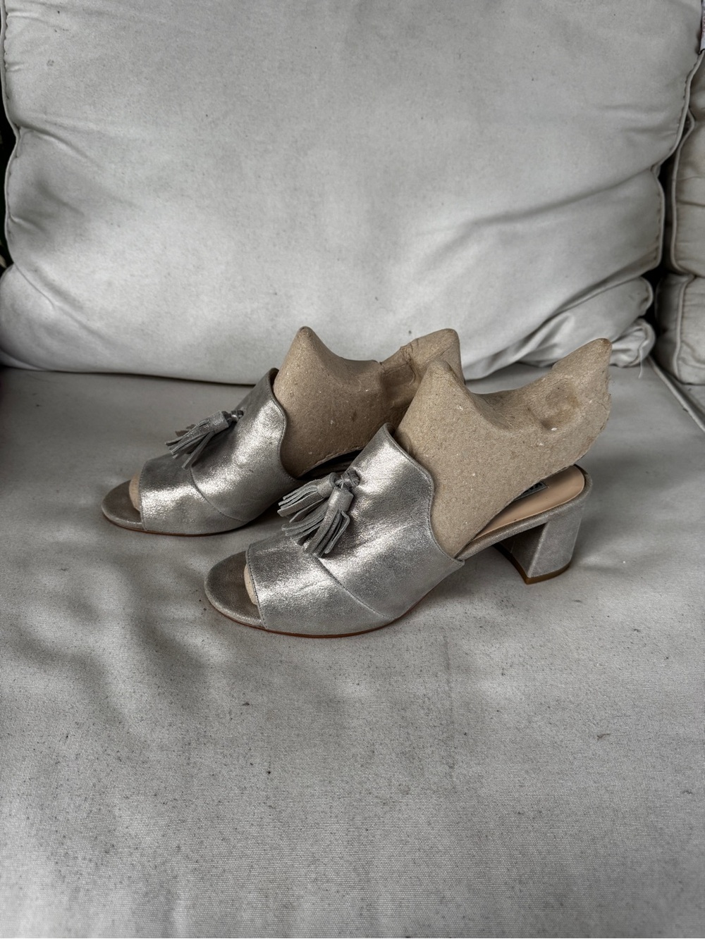 Karl Lagerfeld Paris Metallic Silver Tassel Peep-Toe Block Heel Mules